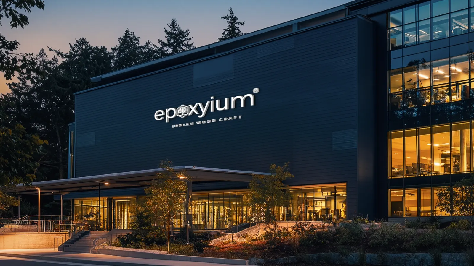 Epoxyium brand identity: the logo on a building facade at dusk