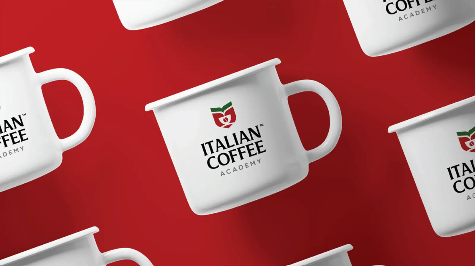 Italian Coffee Academy brand identity: white enamel mugs with the logo on a red background